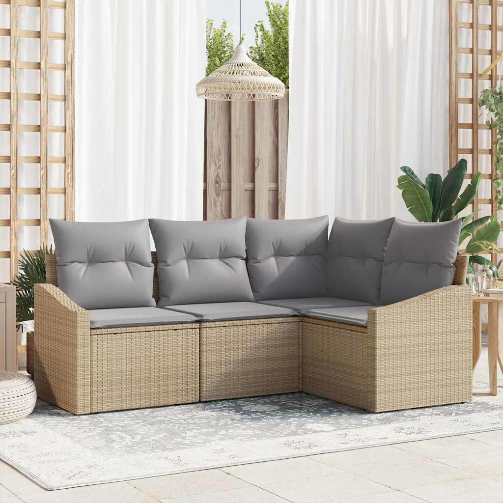 Gartensofa-set mit Kissen 4 pcs Beige und Hellgrau Poly-Rattan