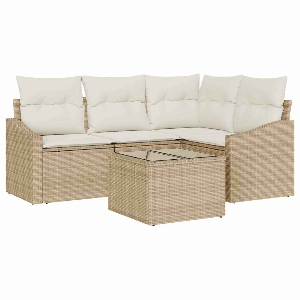 Gartensofa-set mit Kissen 5 pcs Beige und Creme Poly-Rattan