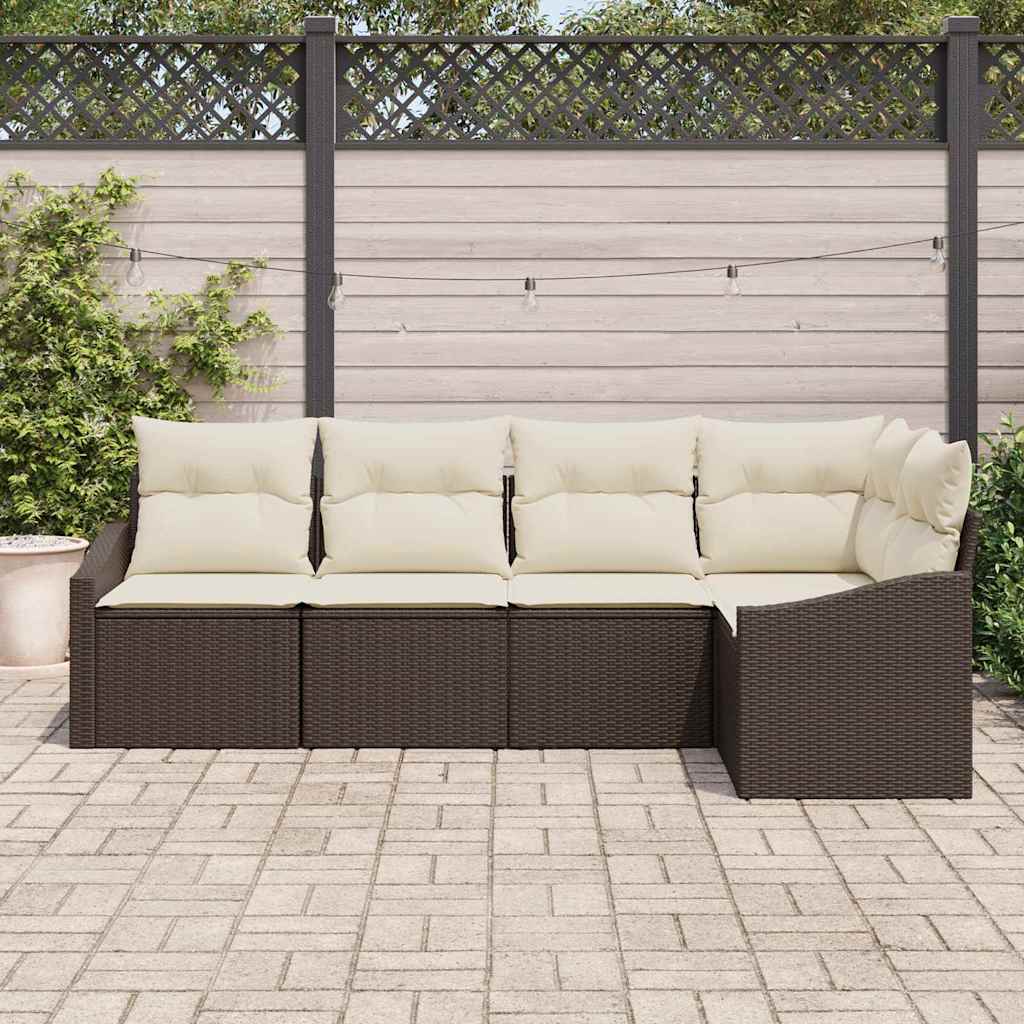 Gartensofa-set mit Kissen 5 pcs Braun und Weiß Poly-Rattan