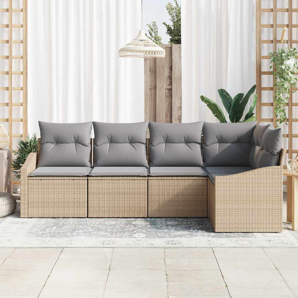 Gartensofa-set mit Kissen 5 pcs Beige und Hellgrau Poly-Rattan