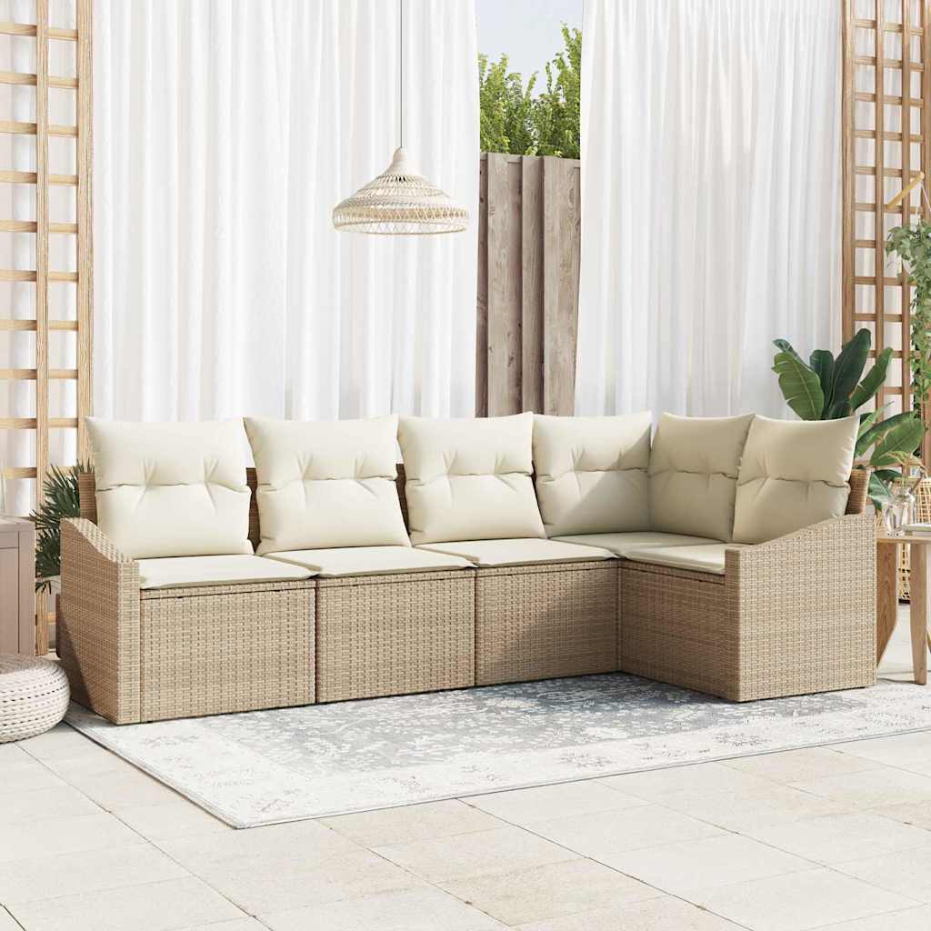 Gartensofa-set mit Kissen 5 pcs Beige und Weiß Poly-Rattan