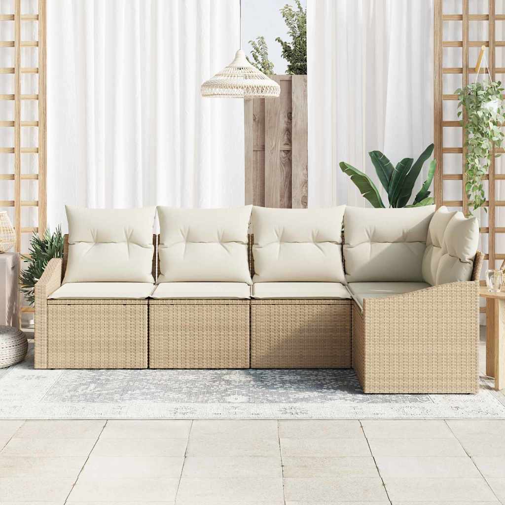 Gartensofa-set mit Kissen 5 pcs Beige und Weiß Poly-Rattan