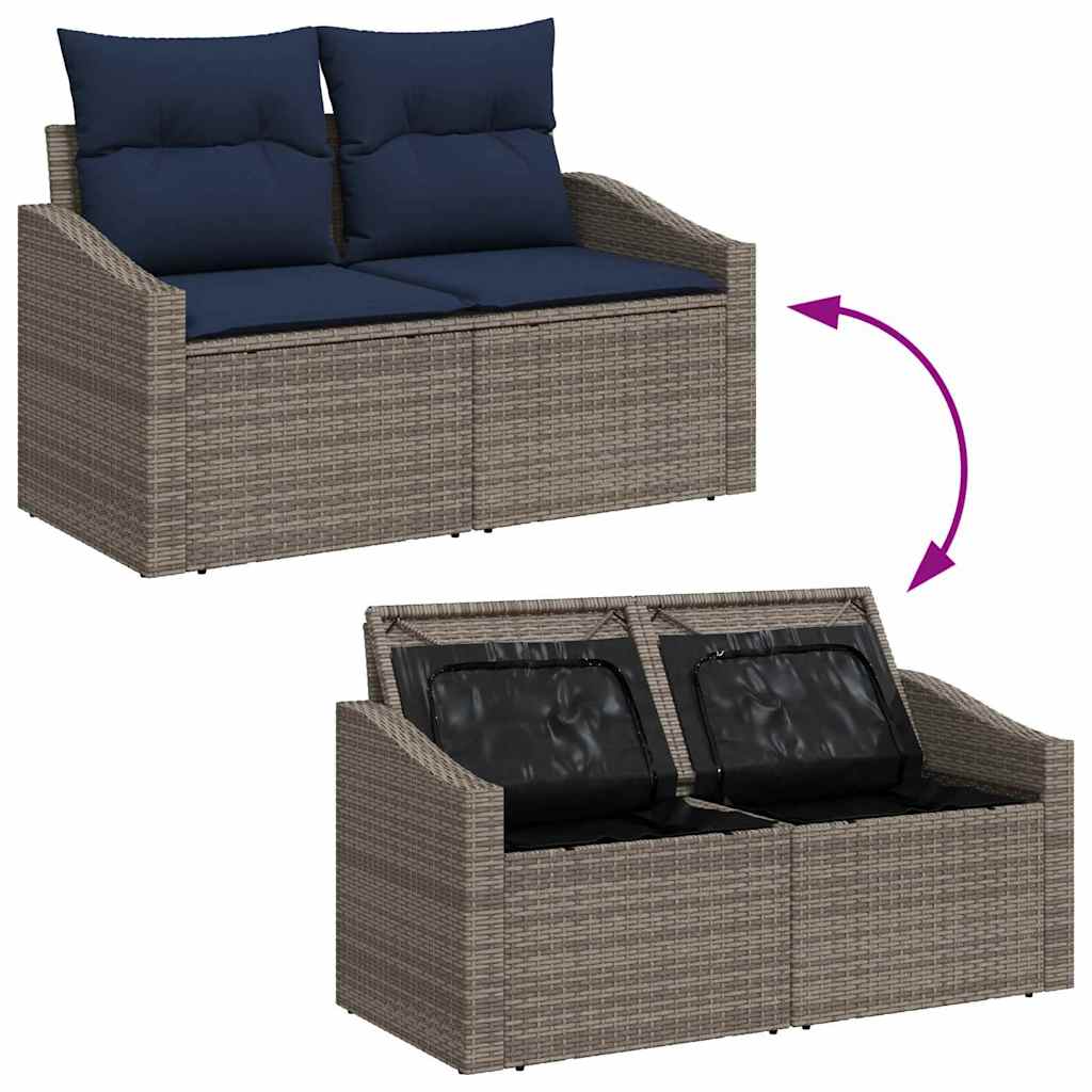 Gartensofa-set mit Kissen 6 pcs Grau und Marineblau Poly-Rattan