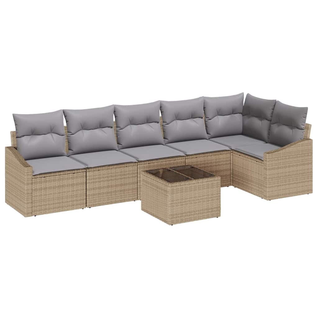 Gartensofa-set mit Kissen 7 pcs Beige und Hellgrau Poly-Rattan
