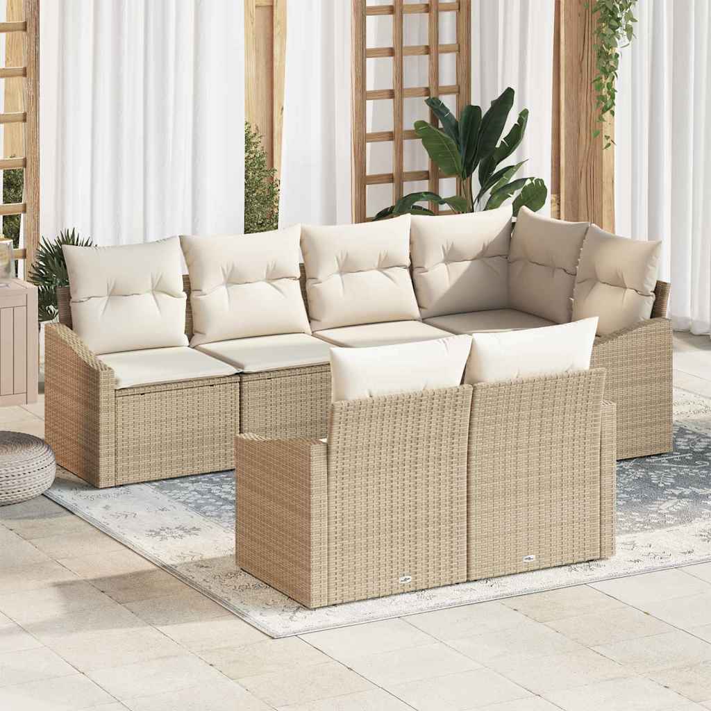 Gartensofa-set mit Kissen 7 pcs Beige und Weiß Poly-Rattan