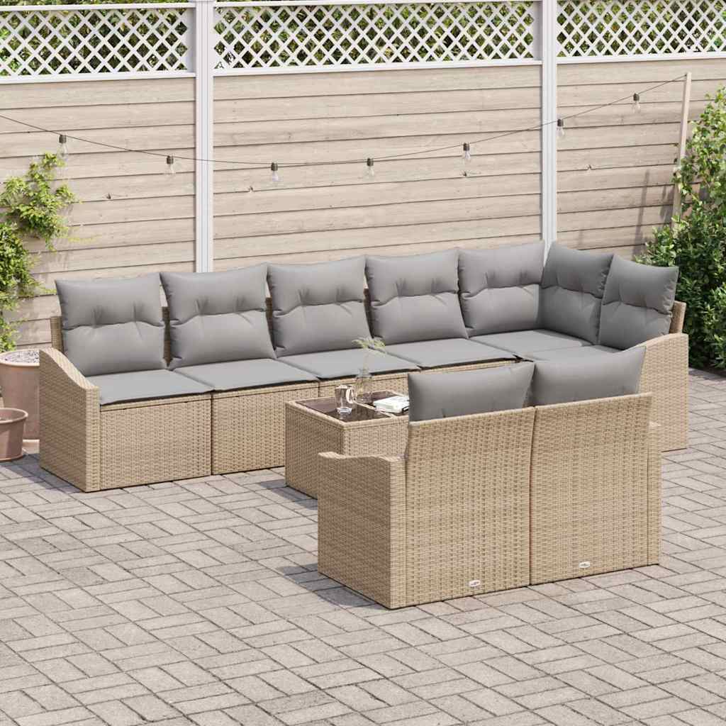 Gartensofa-set mit Kissen 9 pcs Beige und Hellgrau Poly-Rattan
