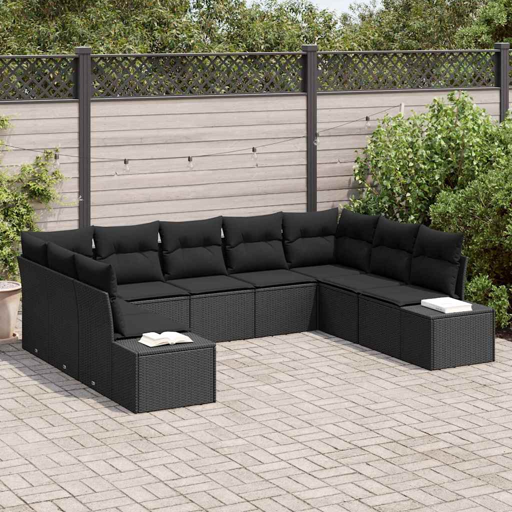 Gartensofa-set mit Kissen 9 pcs Schwarz Polyrattan