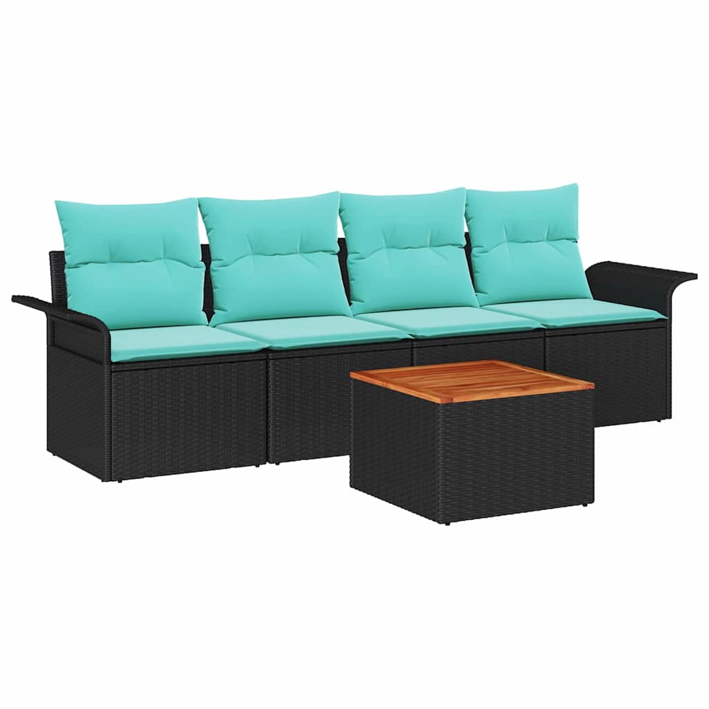 Gartensofa-set 5 pcs Schwarz und Türkis Poly-Rattan