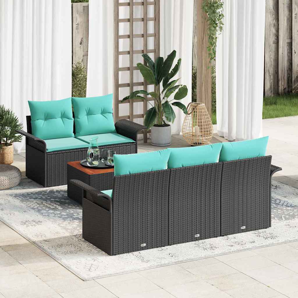 Gartensofa-set 6 pcs Schwarz und Türkis Poly-Rattan