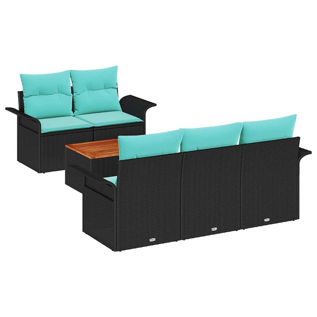 Gartensofa-set 6 pcs Schwarz und Türkis Poly-Rattan