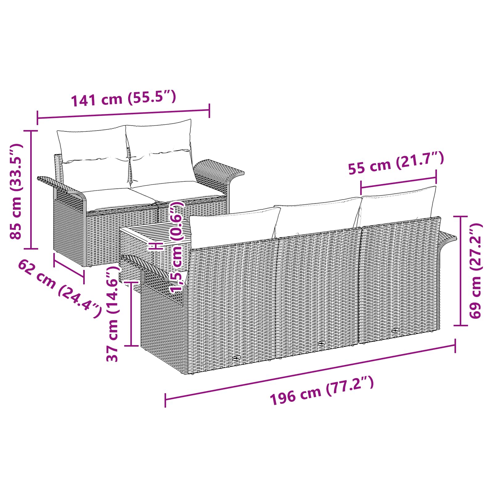 Gartensofa-set 6 pcs Schwarz und Türkis Poly-Rattan