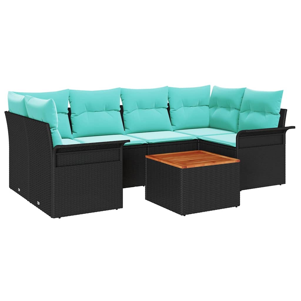 Gartensofa-set 7 pcs Schwarz und Türkis Poly-Rattan