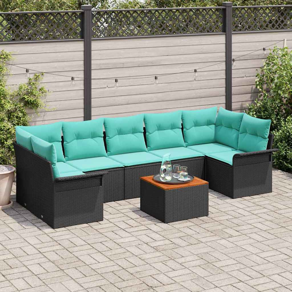 Gartensofa-set 8 pcs Schwarz und Türkis Poly-Rattan