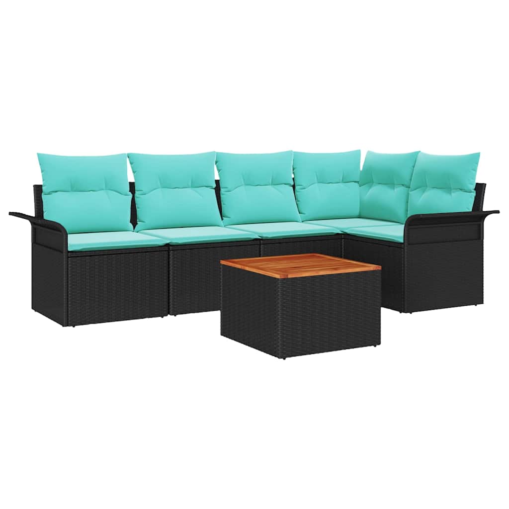 Gartensofa-set 6 pcs Schwarz und Türkis Poly-Rattan