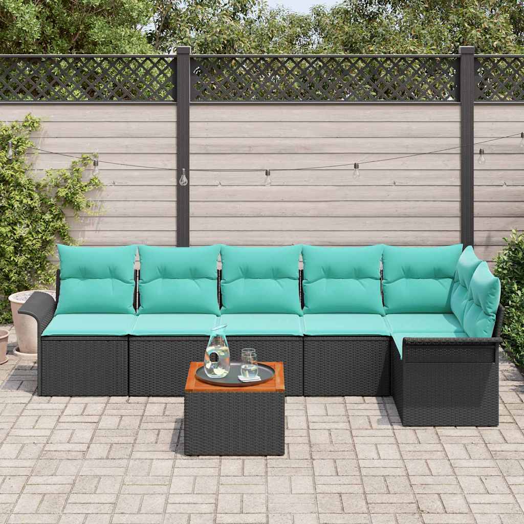 Gartensofa-set 7 pcs Schwarz und Türkis Poly-Rattan