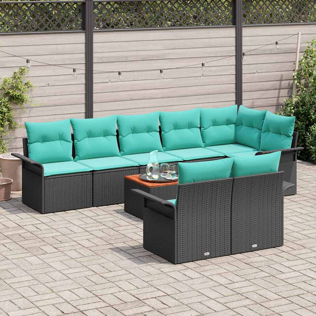 Gartensofa-set 9 pcs Schwarz und Türkis Poly-Rattan