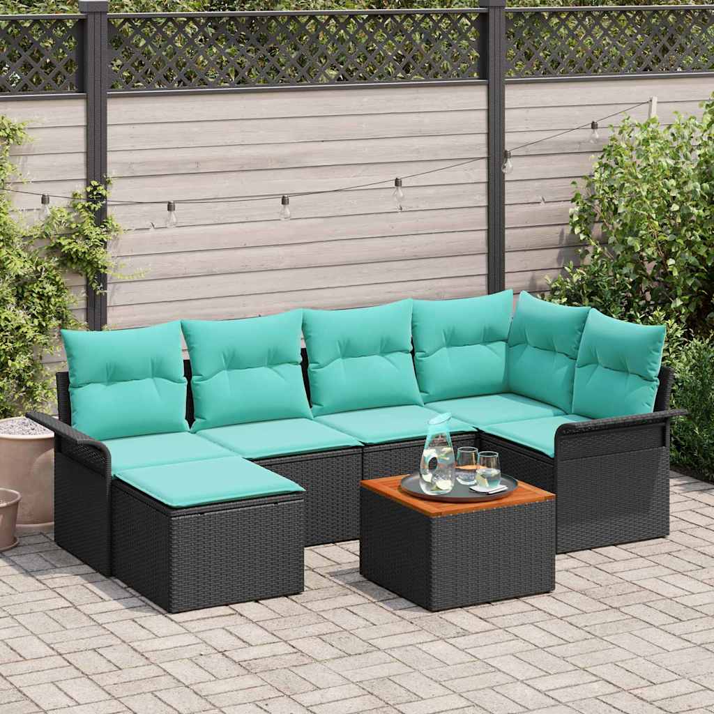 Gartensofa-set 7 pcs Schwarz und Türkis Poly-Rattan