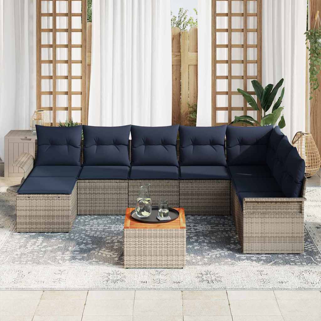 Gartensofa-set 9 pcs Grau und Marineblau Poly-Rattan