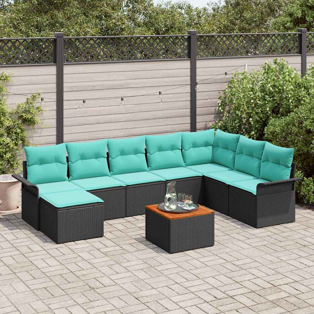 Gartensofa-set 9 pcs Schwarz und Türkis Poly-Rattan