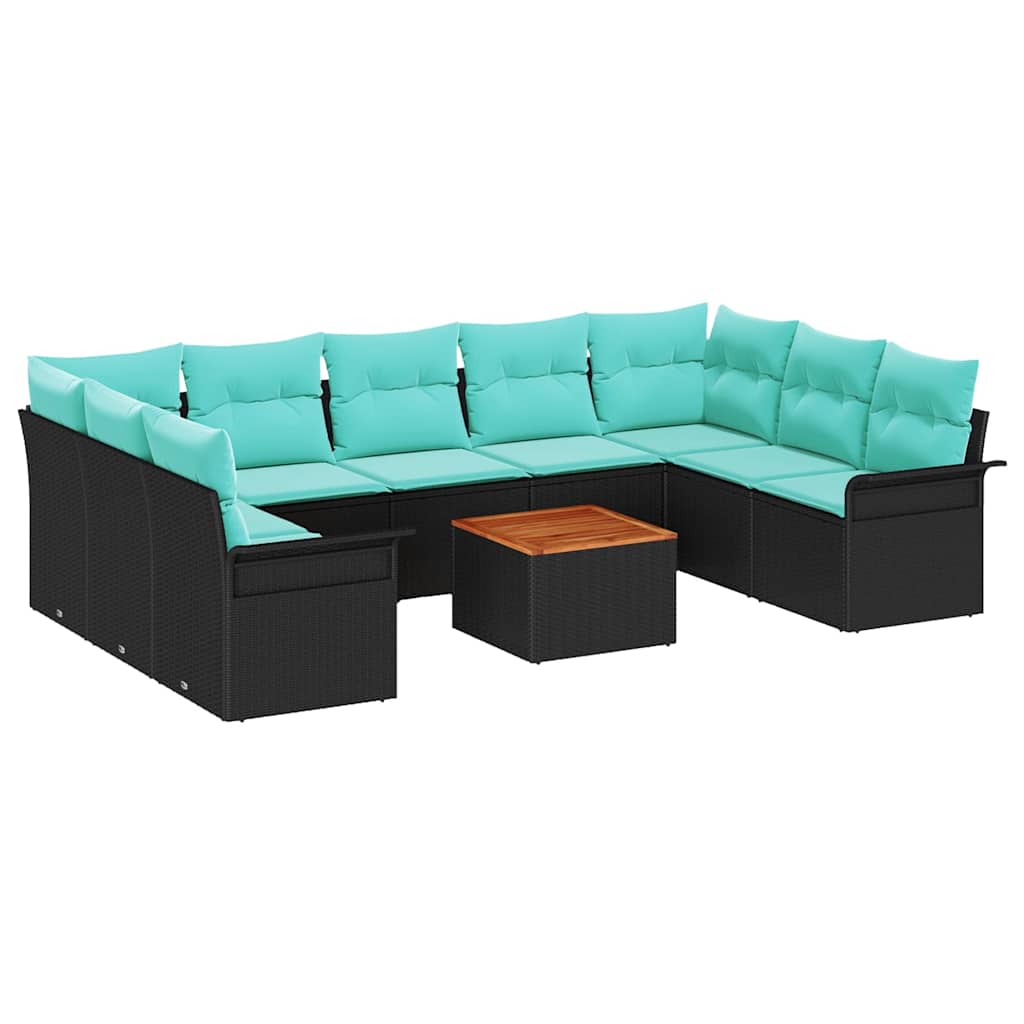 Gartensofa-set 10 pcs Schwarz und Türkis Poly-Rattan