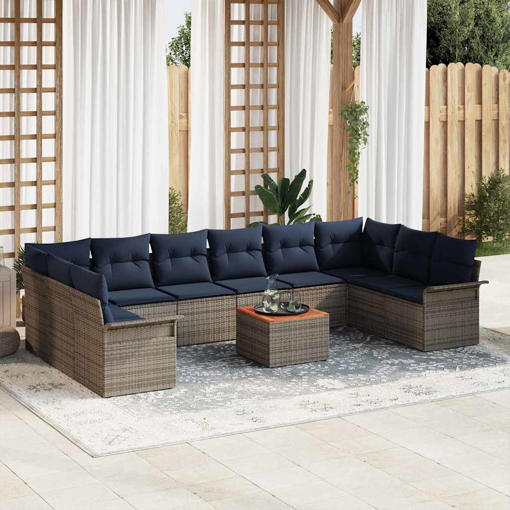 Gartensofa-set 11 pcs Grau und Marineblau Poly-Rattan