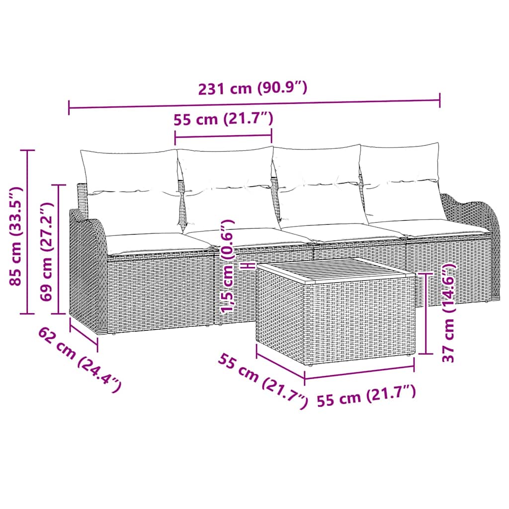 Gartensofa-set mit Speicher 5 pcs Beige und Creme Poly-Rattan