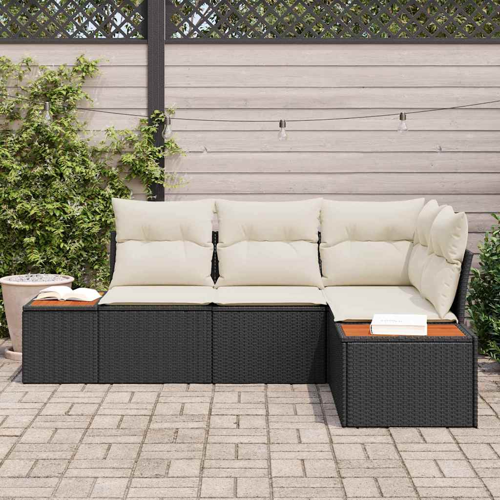 Gartensofa-set mit Kissen 4 pcs Schwarz und Creme Polyrattan