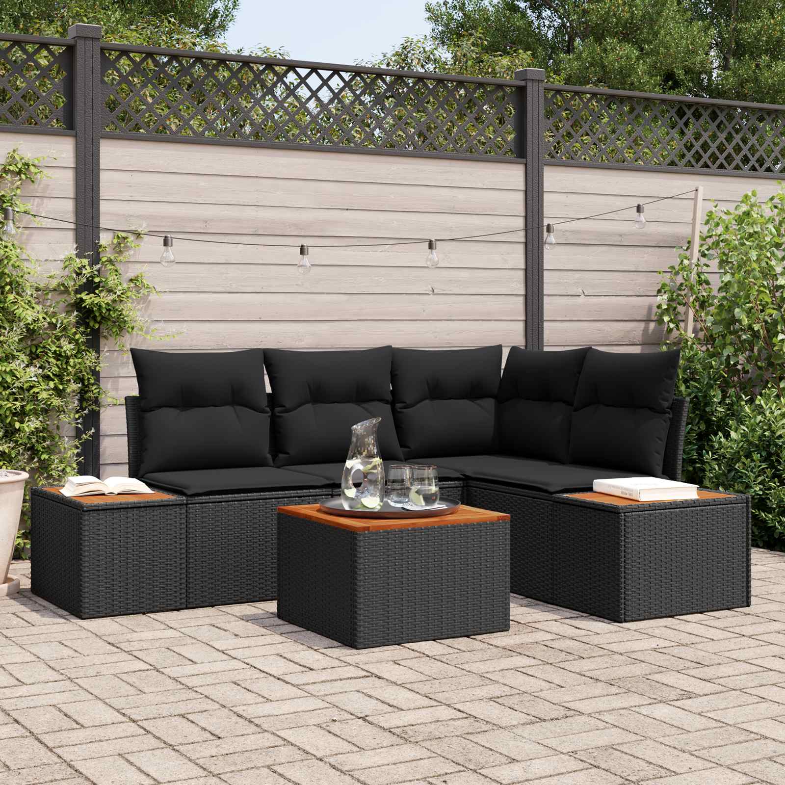 Gartensofa-set mit Kissen mit Speicher 4 pcs Schwarz Polyrattan