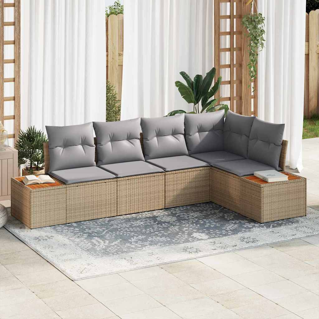 Garten-Sofa-Set mit Kissen 5 pcs Beige und Hellgrau Poly Rattan