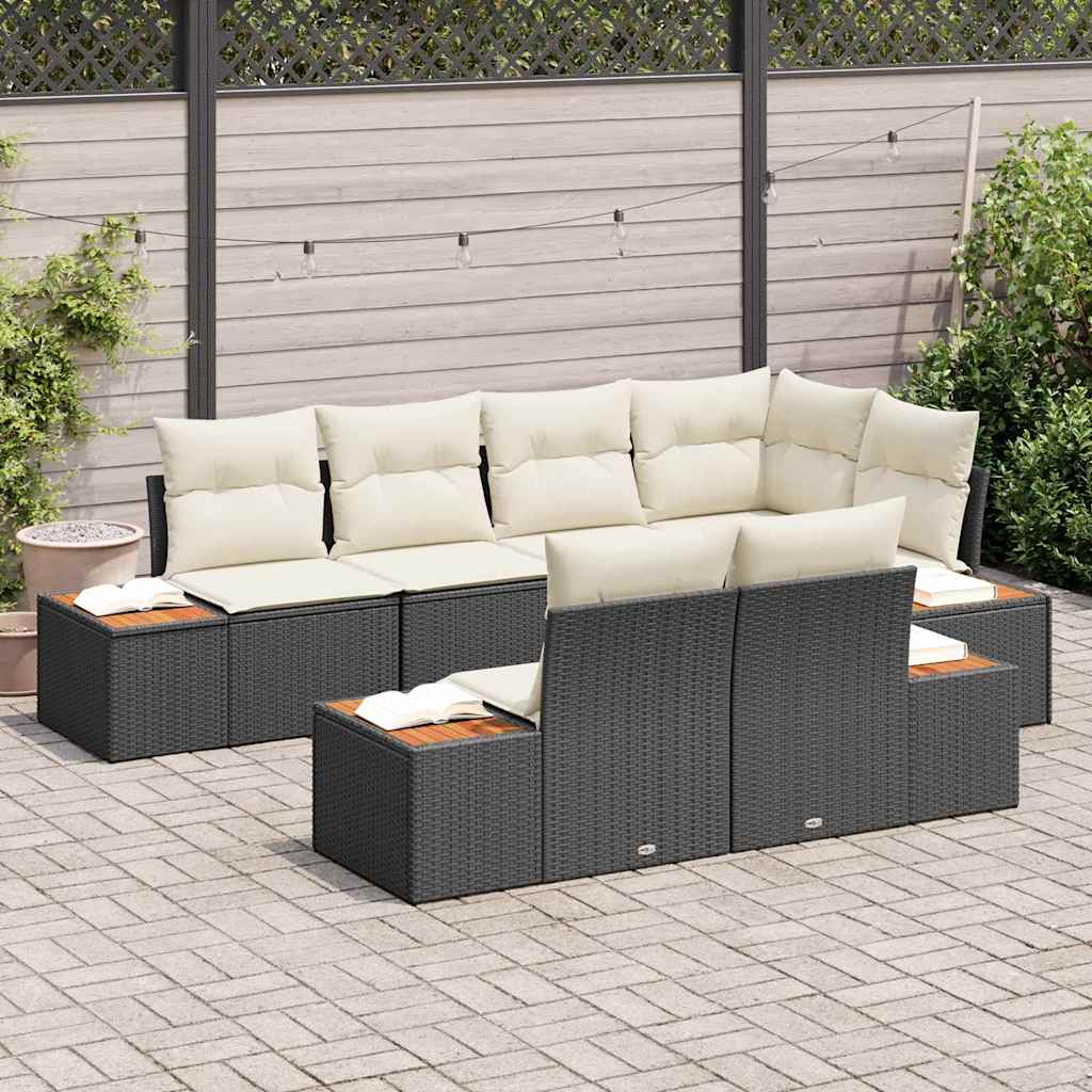 Gartensofa-set mit Kissen 7 pcs Schwarz und Creme Polyrattan