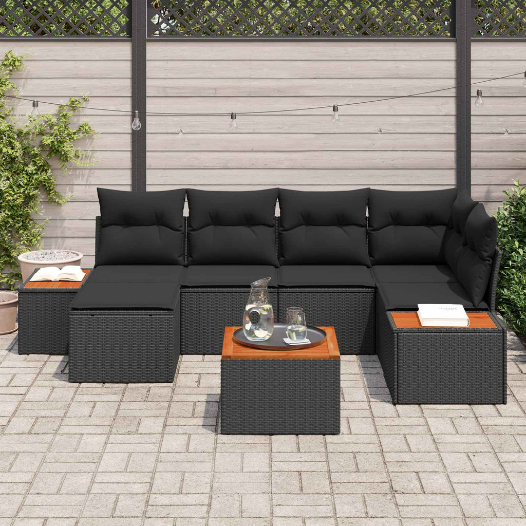 Gartensofa-set mit Kissen mit Speicher 7 pcs Schwarz Polyrattan