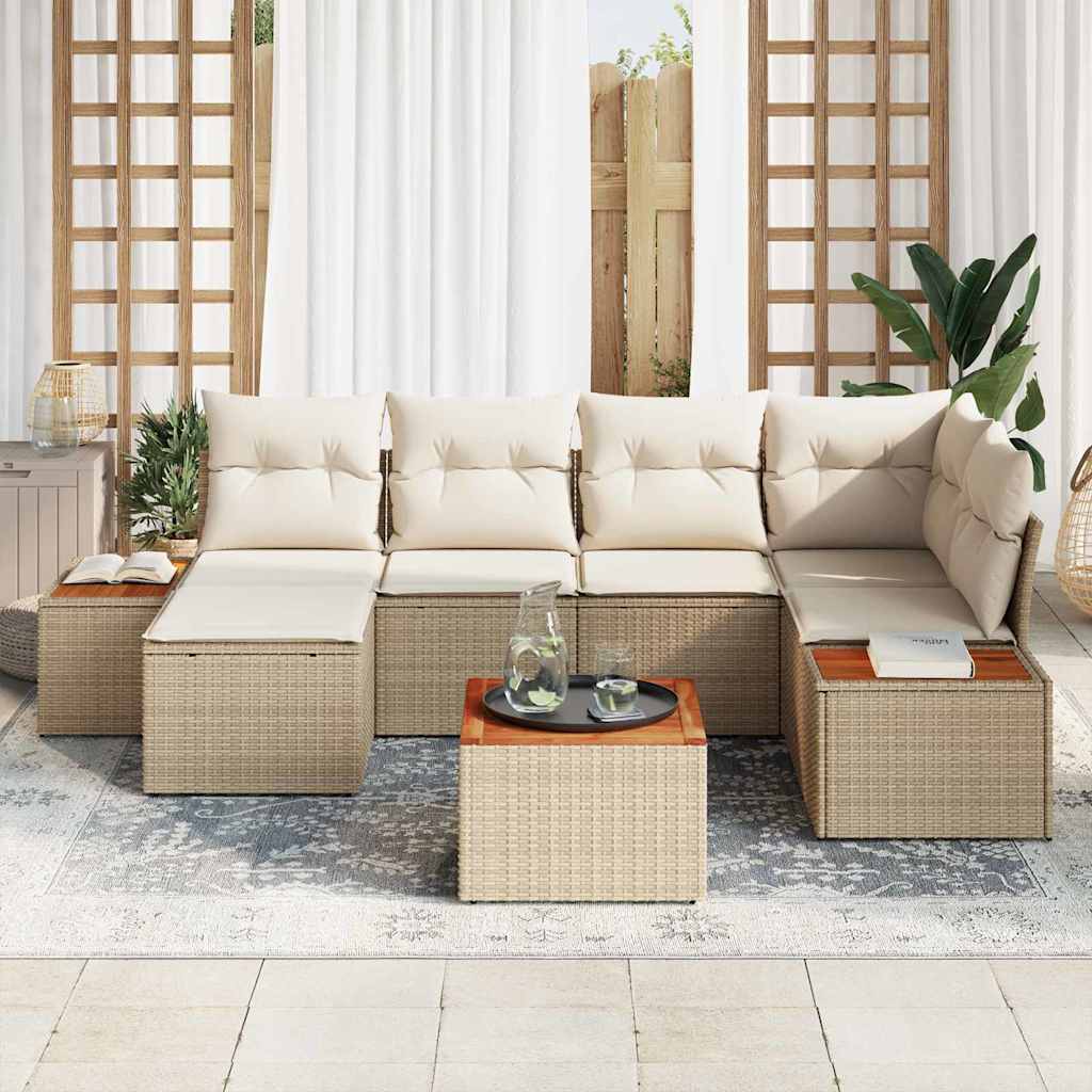 Gartensofa-set mit Kissen 7 pcs Beige und Creme Polyrattan