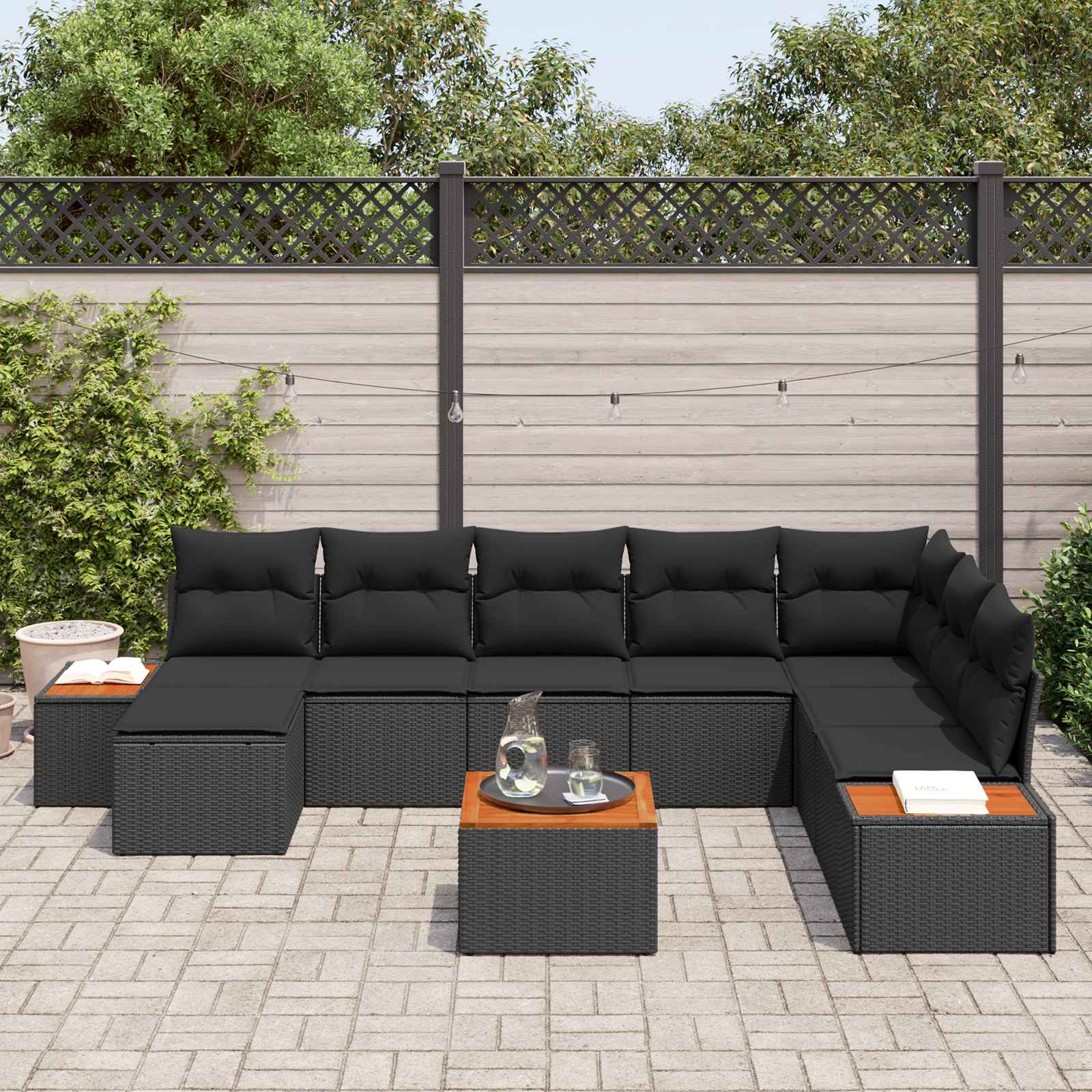 Gartensofa-set mit Kissen mit Speicher 9 pcs Schwarz Polyrattan