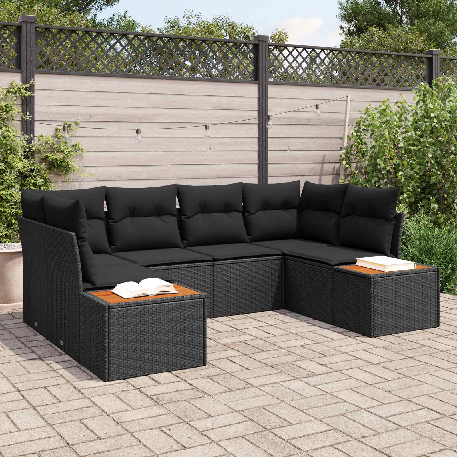 Gartensofa-set mit Kissen mit Speicher 6 pcs Schwarz Polyrattan