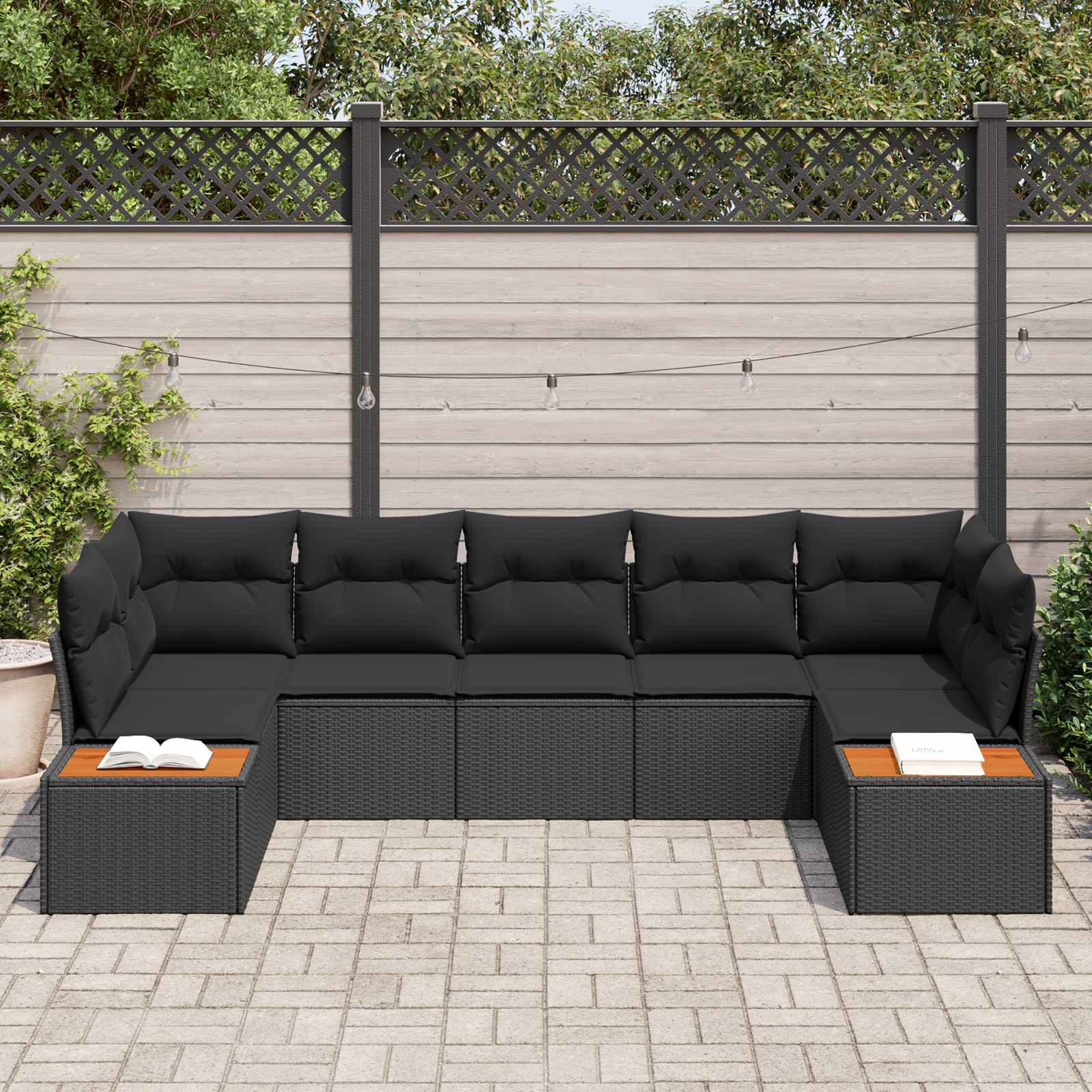 Gartensofa-set mit Kissen mit Speicher 7 pcs Schwarz Polyrattan