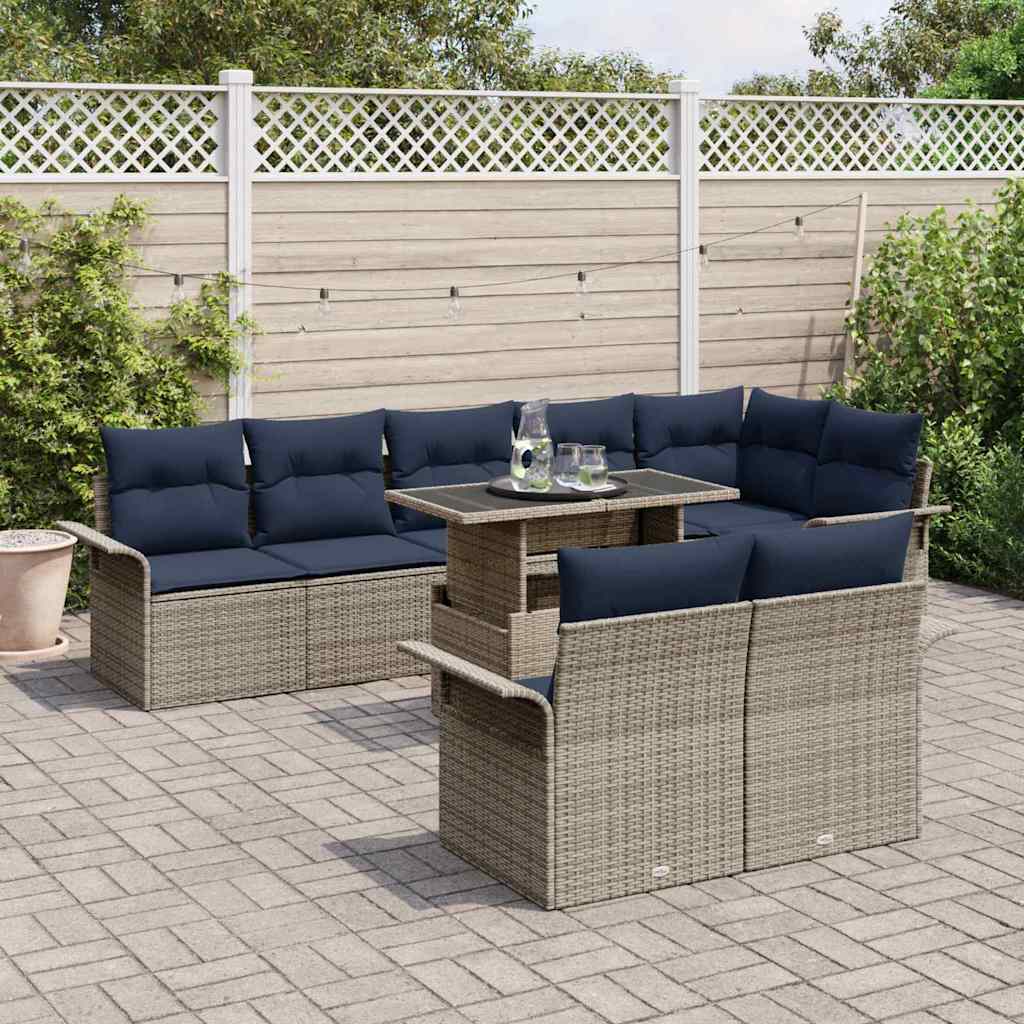 Gartensofa-set mit Kissen mit Speicher 9 pcs Grau Poly Rattan