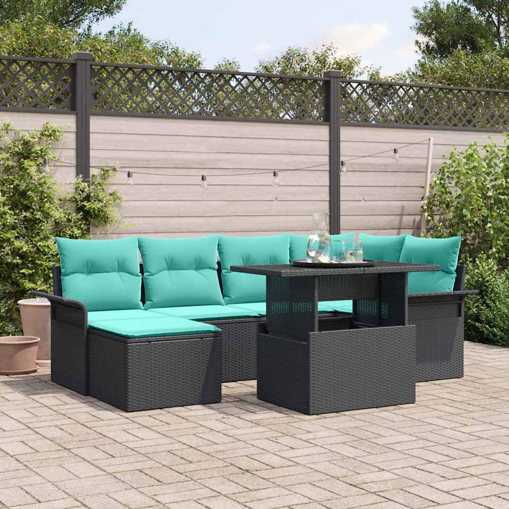 Gartensofa-set mit Kissen 7 pcs Schwarz Poly Rattan