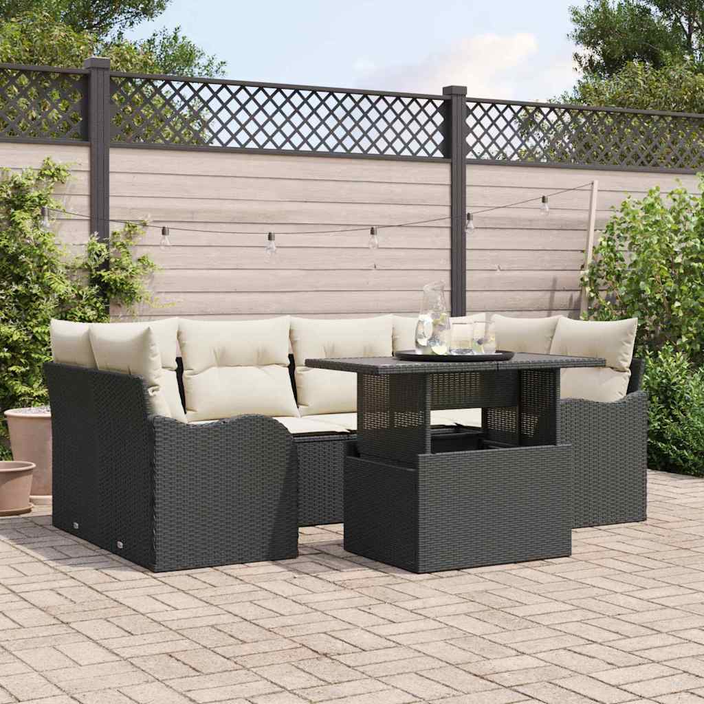 Gartensofa-set mit Kissen mit Kissen 7 pcs Schwarz Poly Rattan