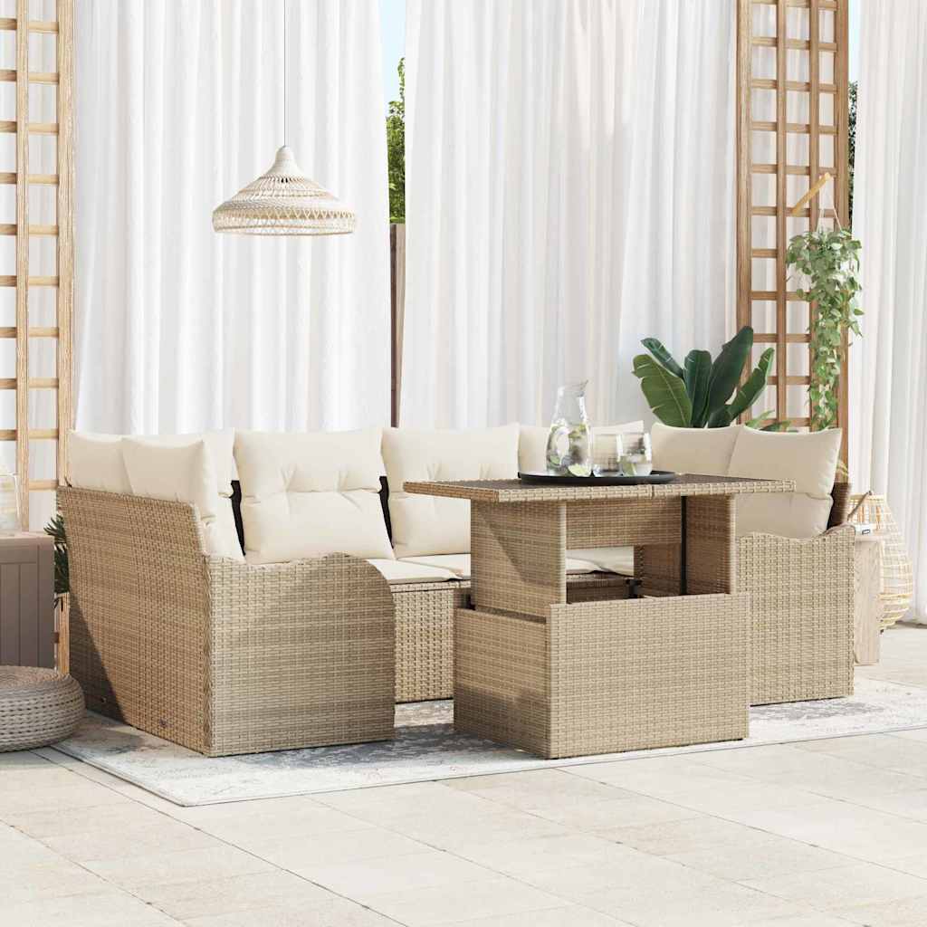 Gartensofa-set mit Kissen mit Speicher 7 pcs Beige Poly Rattan