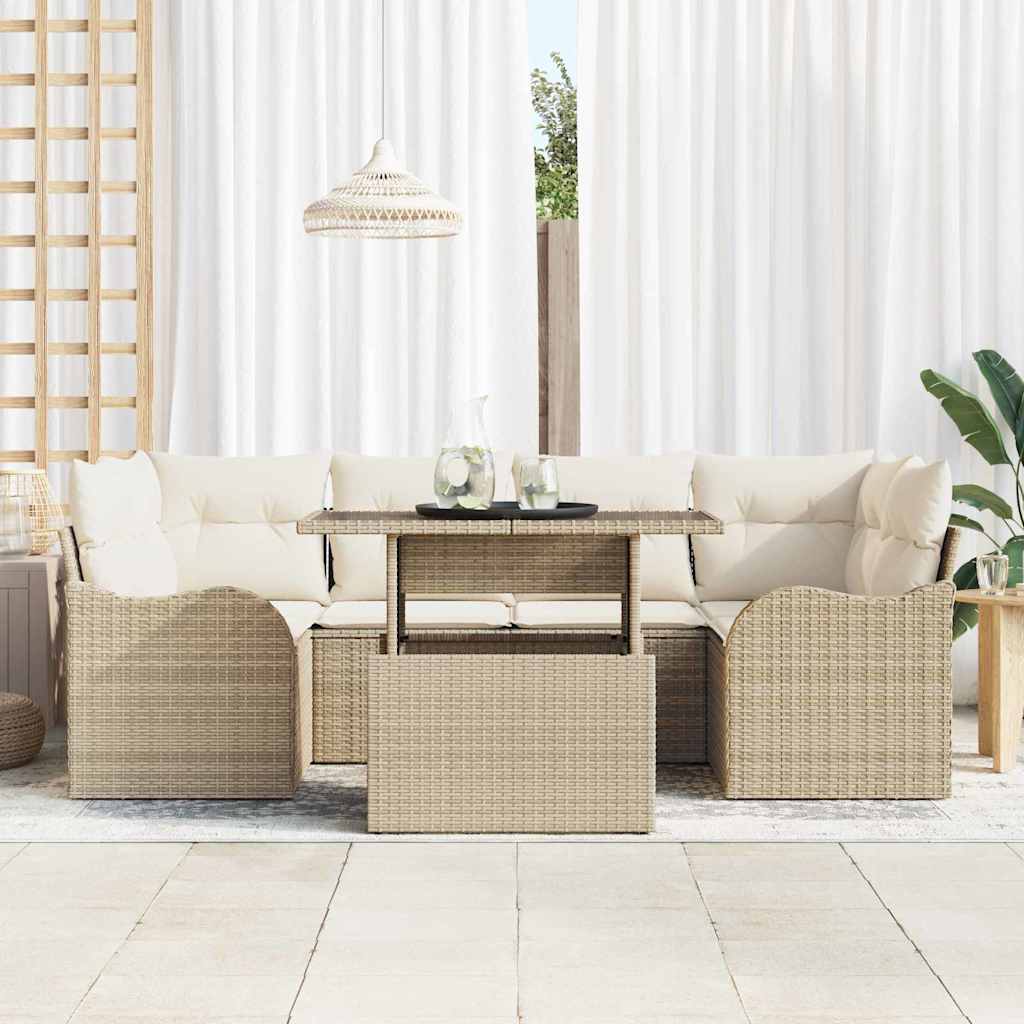 Gartensofa-set mit Kissen mit Speicher 7 pcs Beige Poly Rattan