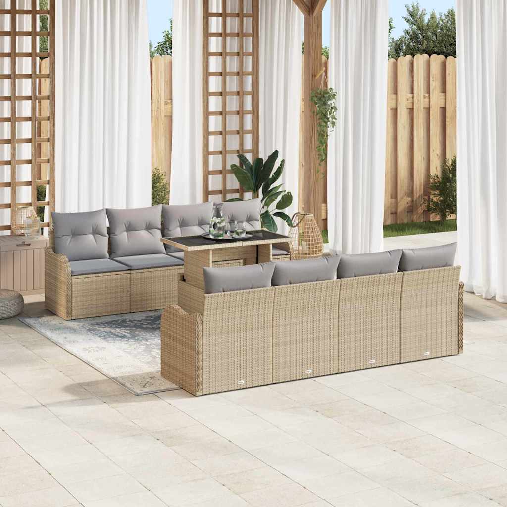Gartensofa-set mit Kissen mit Speicher 9 pcs Beige Poly Rattan