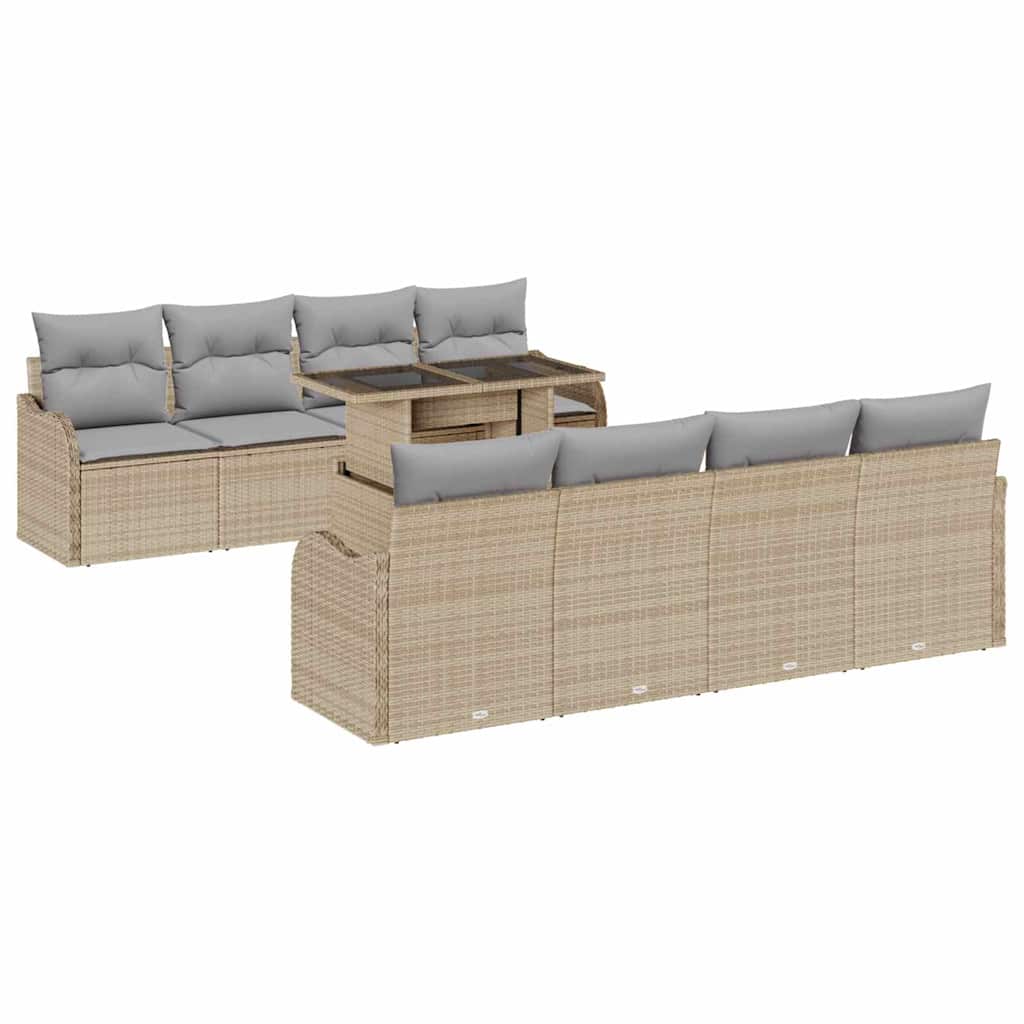 Gartensofa-set mit Kissen mit Speicher 9 pcs Beige Poly Rattan