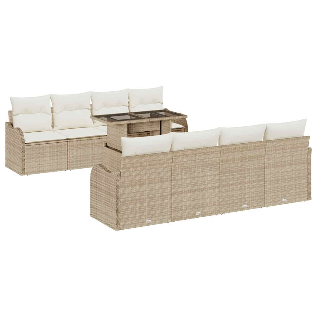 Gartensofa-set mit Kissen mit Speicher 9 pcs Beige Poly Rattan
