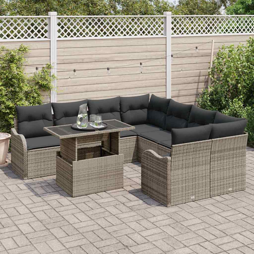 Gartensofa-set mit Kissen mit Kissen 9 pcs Grau Polyrattan