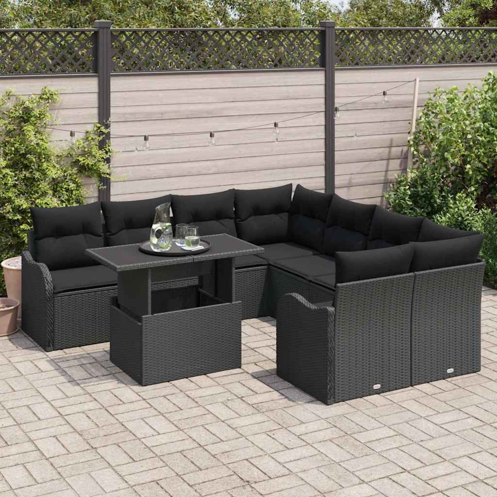 Gartensofa-set mit Kissen mit Kissen 9 pcs Schwarz Polyrattan