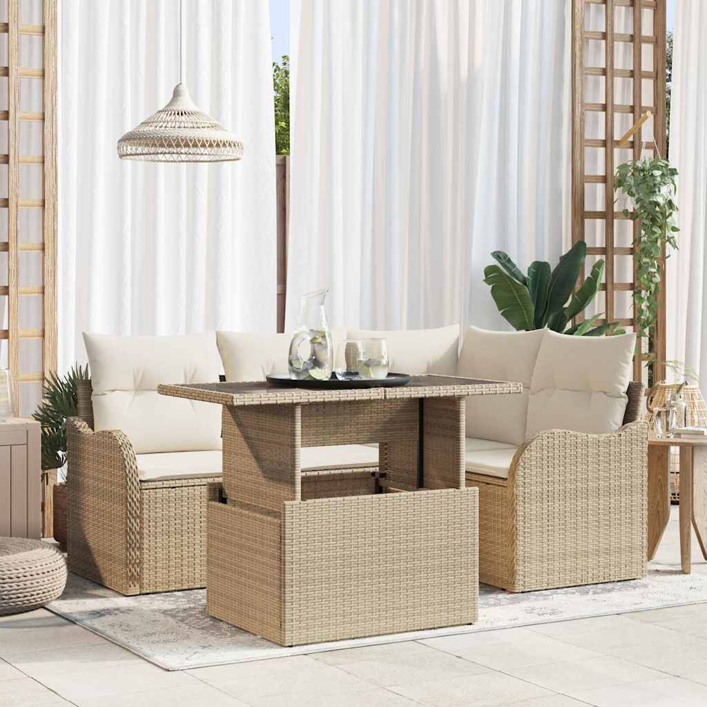 Gartensofa-set mit Kissen mit Kissen 5 pcs Beige Poly Rattan