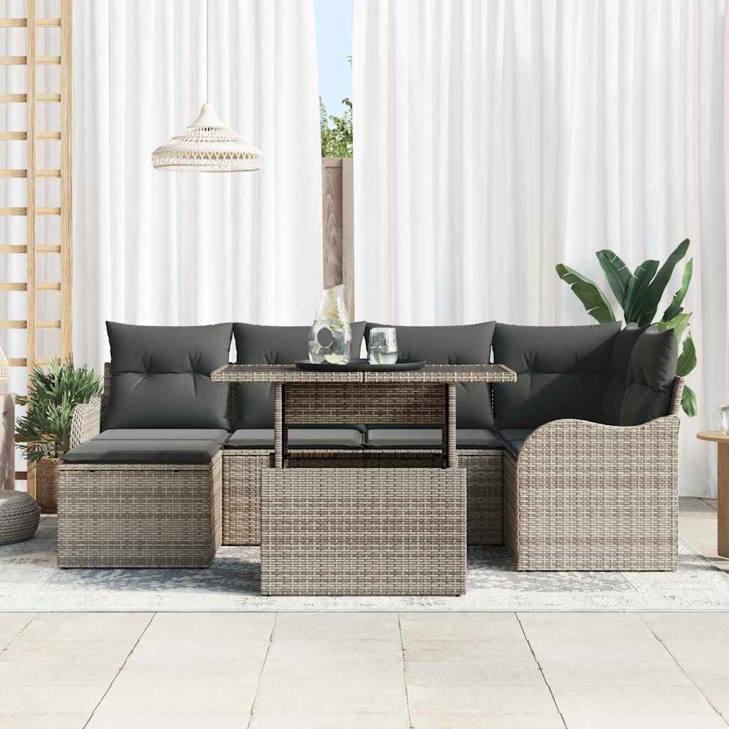 Garten-Sofa-Set mit Kissen mit Speicher 7 pcs Grau Poly Rattan
