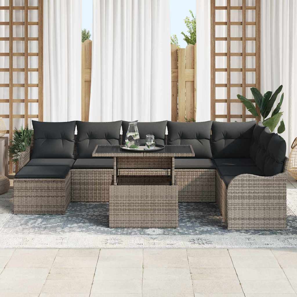 Garten-Sofa-Set mit Kissen mit Speicher 9 pcs Grau Poly Rattan