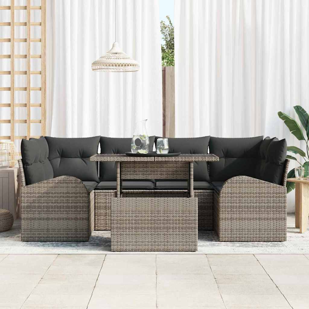 Garten-Sofa-Set mit Kissen mit Speicher 7 pcs Grau Poly Rattan
