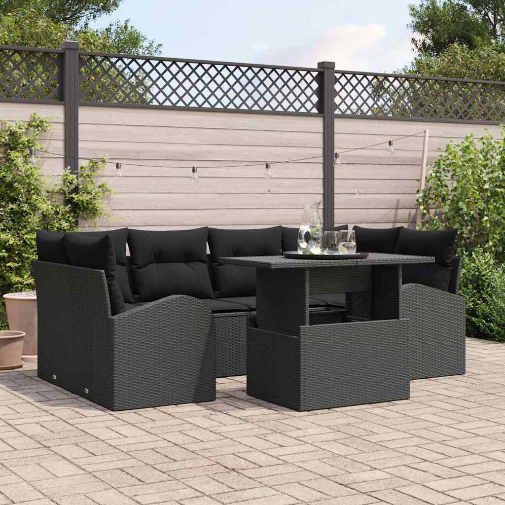 Garten-Sofa-Set mit Kissen mit Kissen 7 pcs Schwarz Poly Rattan